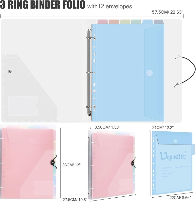 Uquelic A4 Binder, Folio Document Organizer with 12 Pockets, 3 Ring Folder Letter Size/A4, Cute Life Binder for Paper, Files, Photos, Letters, Cards(Clear-Macaron) - Image 4
